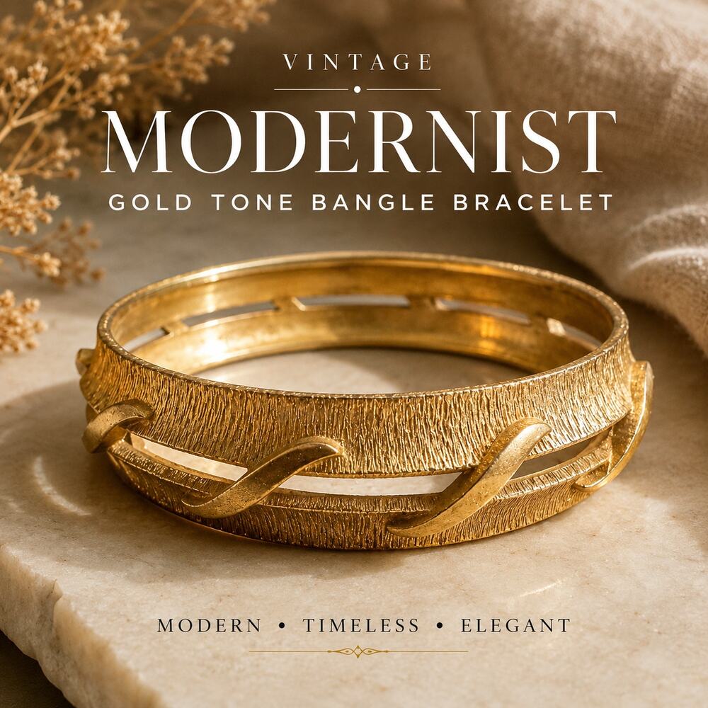 Vintage Modernist Gold Tone Bangle Bracelet Textured Abstract